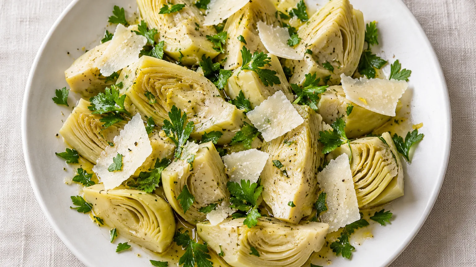 Salade de cœurs d’artichaut au parmesan maison, ingrédients visibles dans une assiette de service