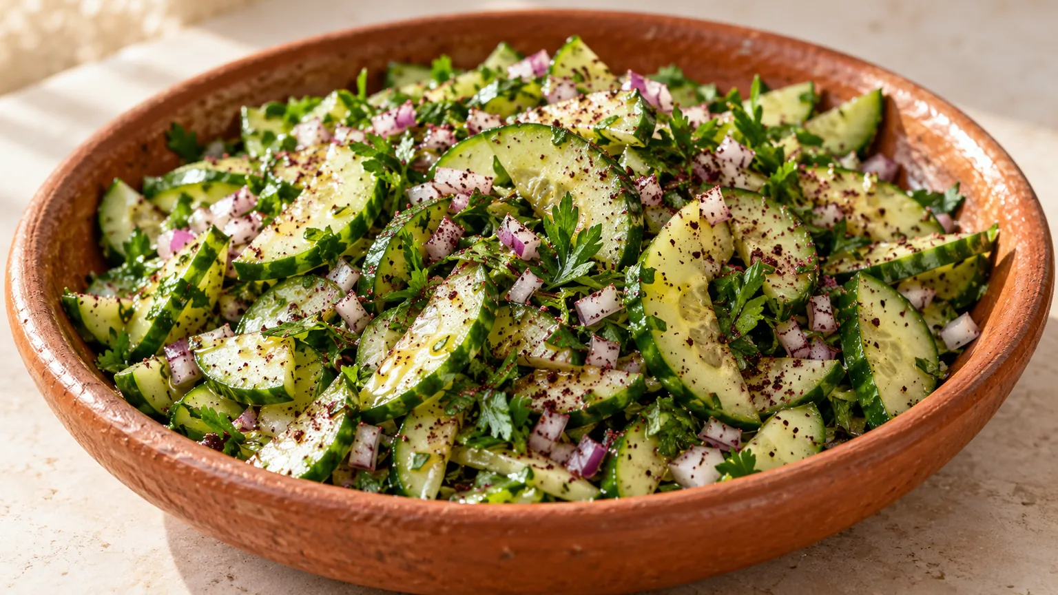 Salade de concombre au sumac maison, ingrédients visibles dans une assiette de service