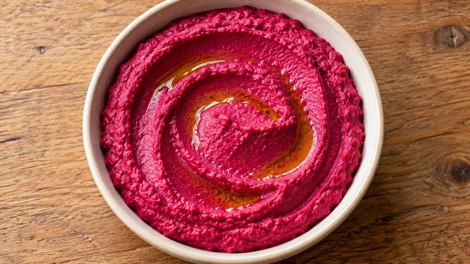 Houmous de betterave maison dans un petit bol, texture visible