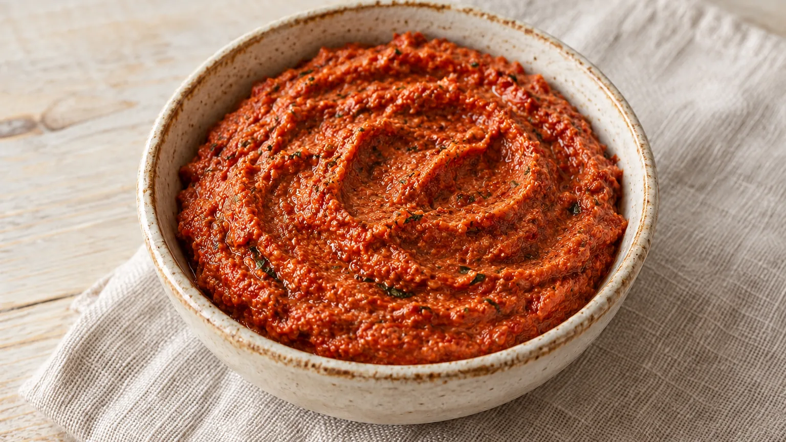 Tartinade de tomates séchées dans un bol, texture maison visible
