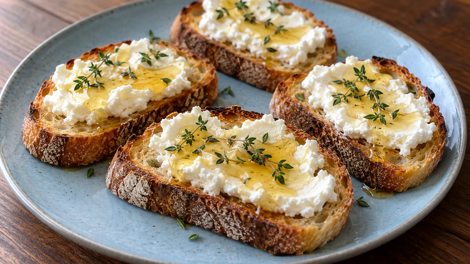 Bruschetta chèvre et miel maison, garniture et texture visibles