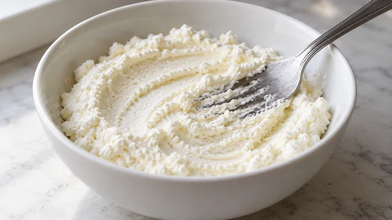 Ricotta assouplie à la fourchette dans un bol