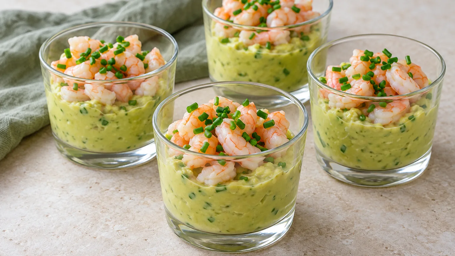 Verrines d’avocat aux crevettes maison, garniture et texture visibles