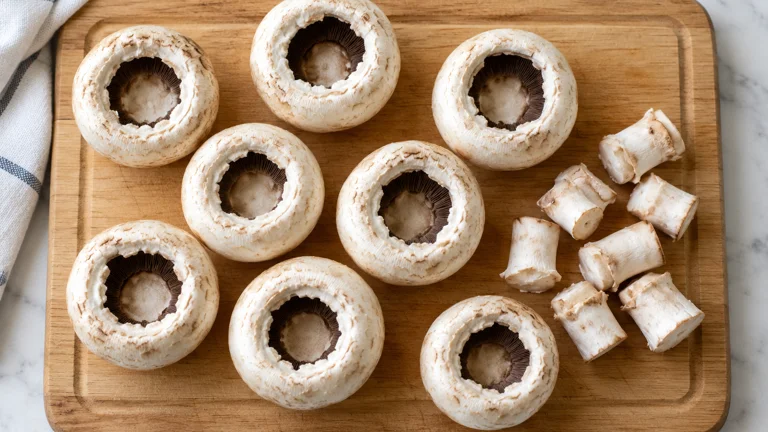 Chapeaux de champignons de Paris crus, pieds retirés