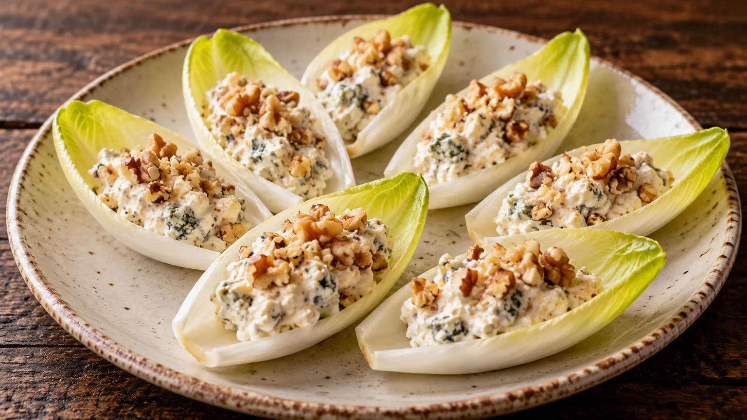 Endives garnies de roquefort et de noix maison, ingrédients et montage visibles