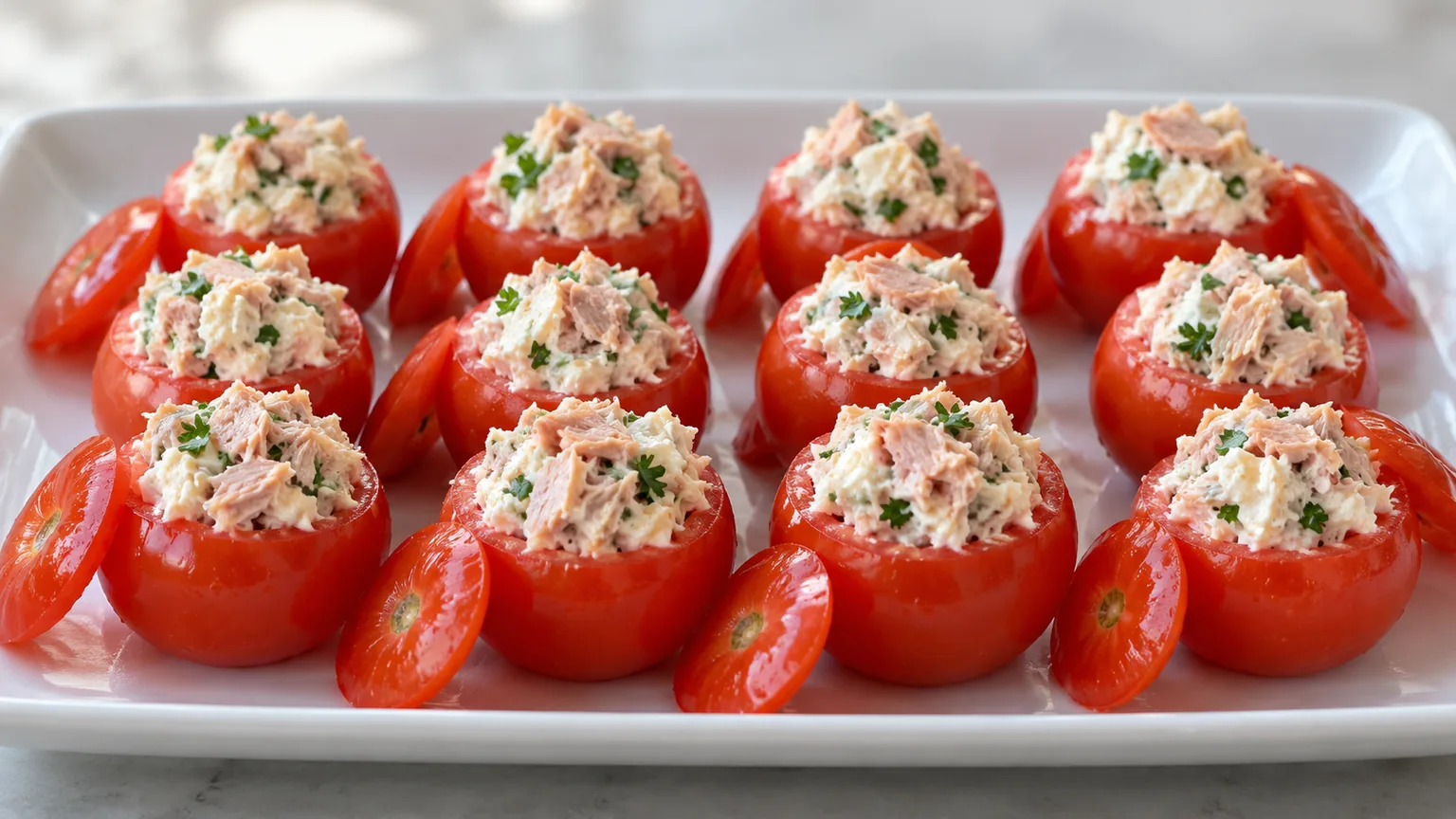 Tomates cerises farcies au thon maison, ingrédients et montage visibles