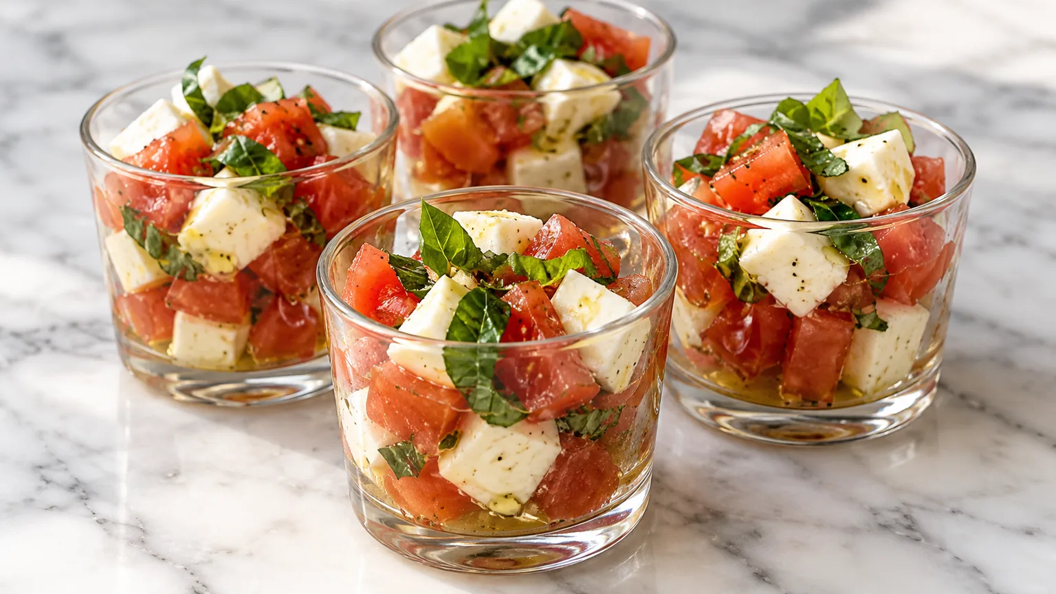 Verrines de tomate et mozzarella maison, ingrédients et montage visibles