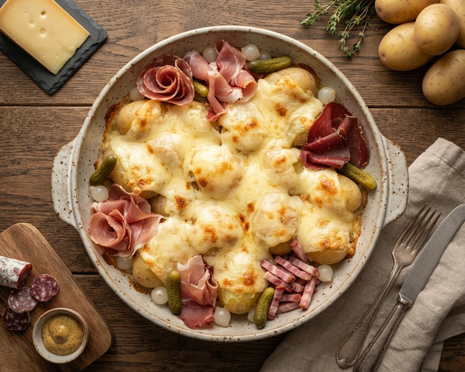 Raclette savoyarde présenté dans son plat de service, avec sa texture et sa garniture visibles