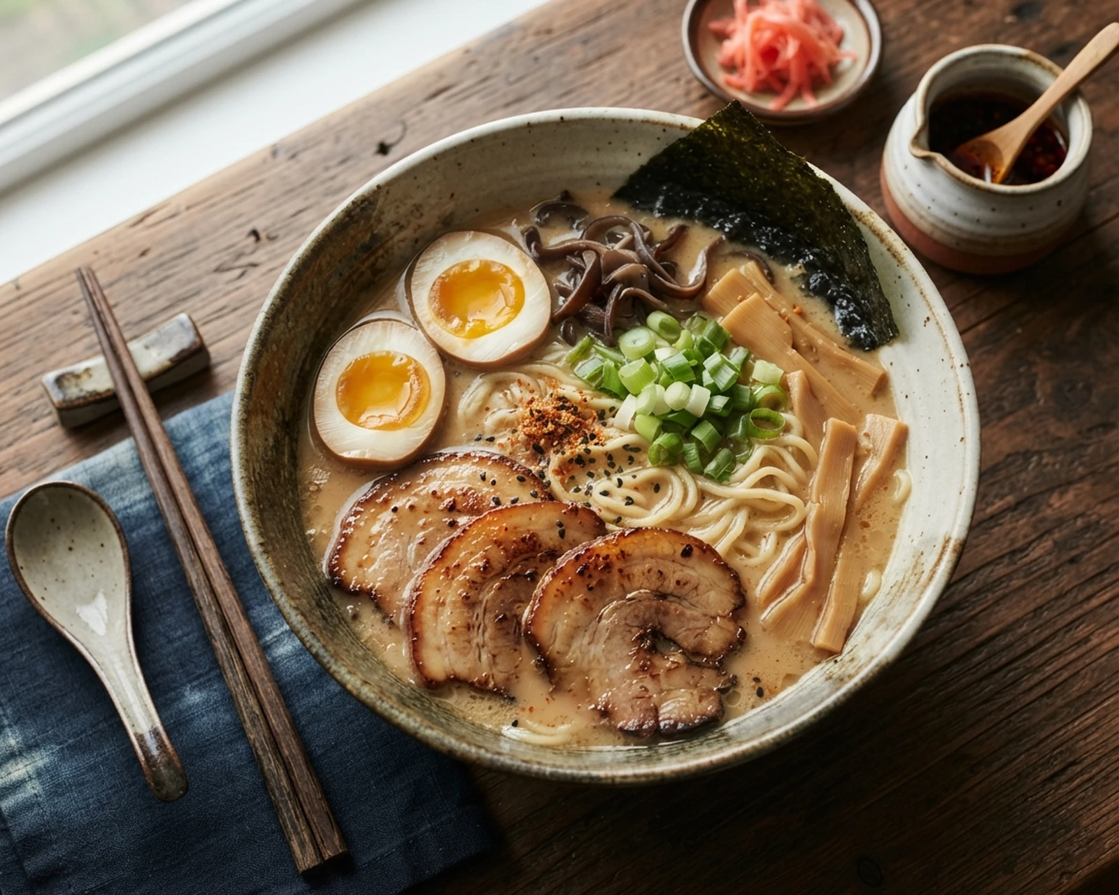 Vue rapprochée de ramen au porc dressé et prêt à être servi