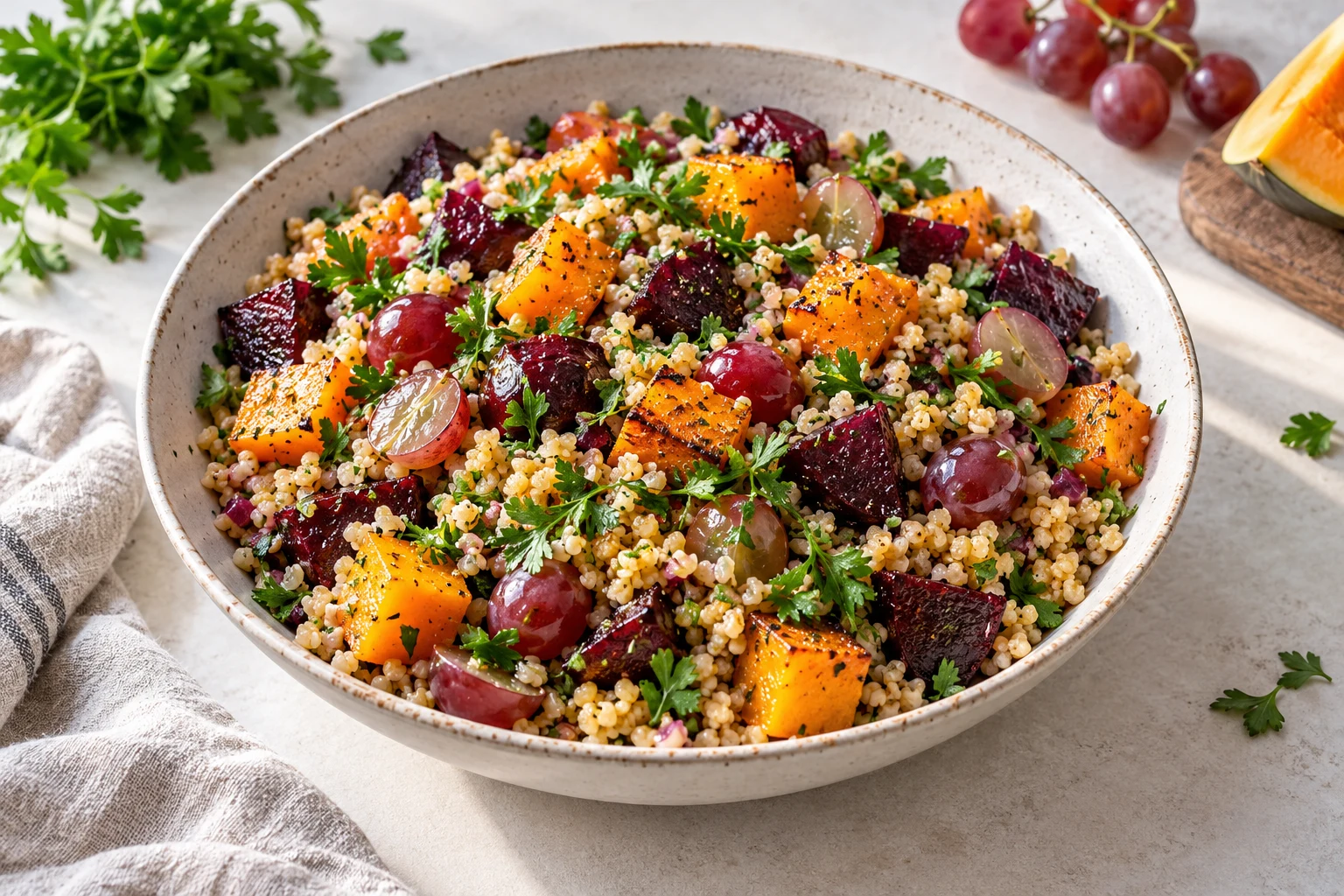 Boulgour au potimarron, betterave et raisin