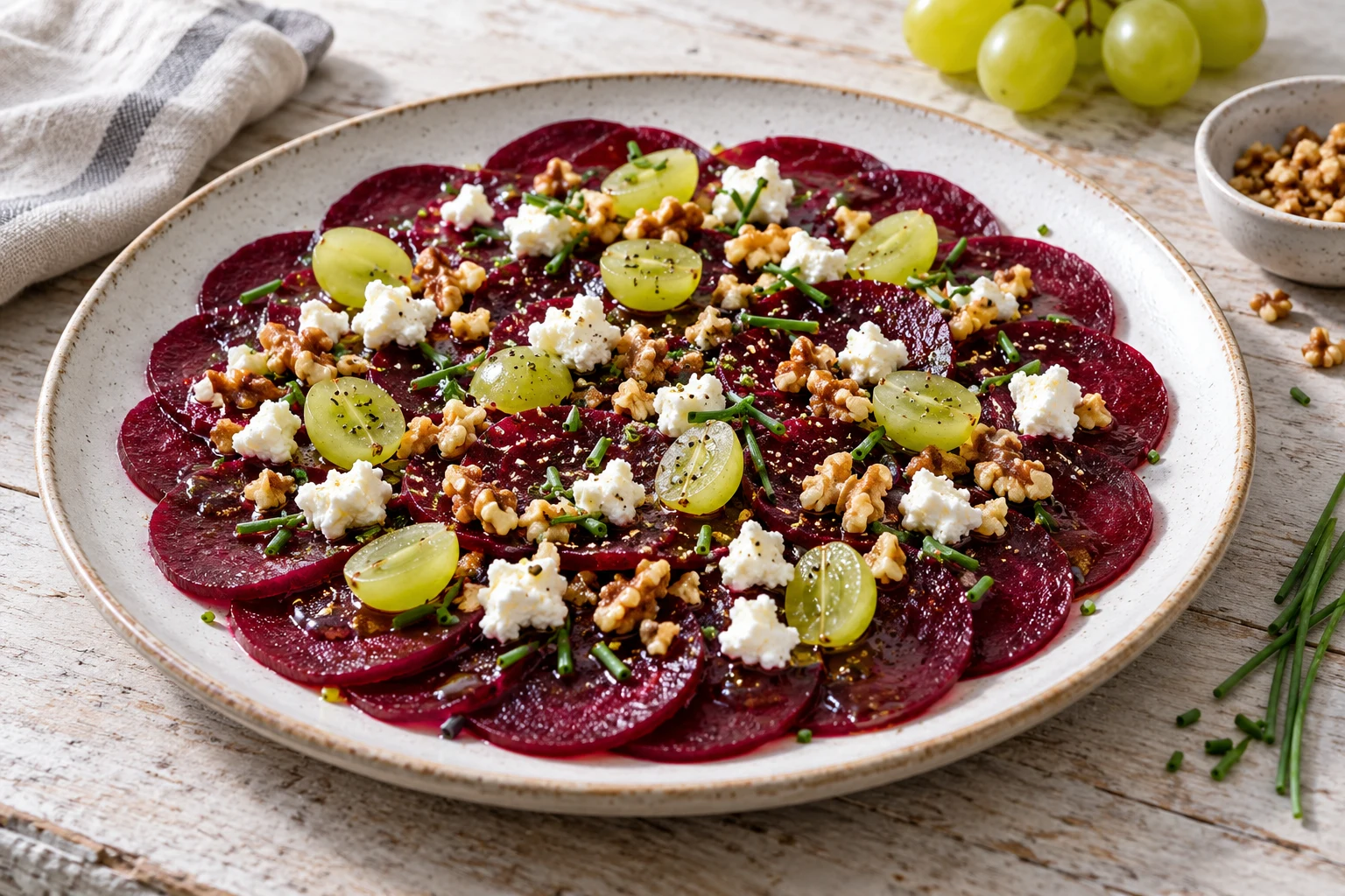 Carpaccio de betterave, raisin frais et noix
