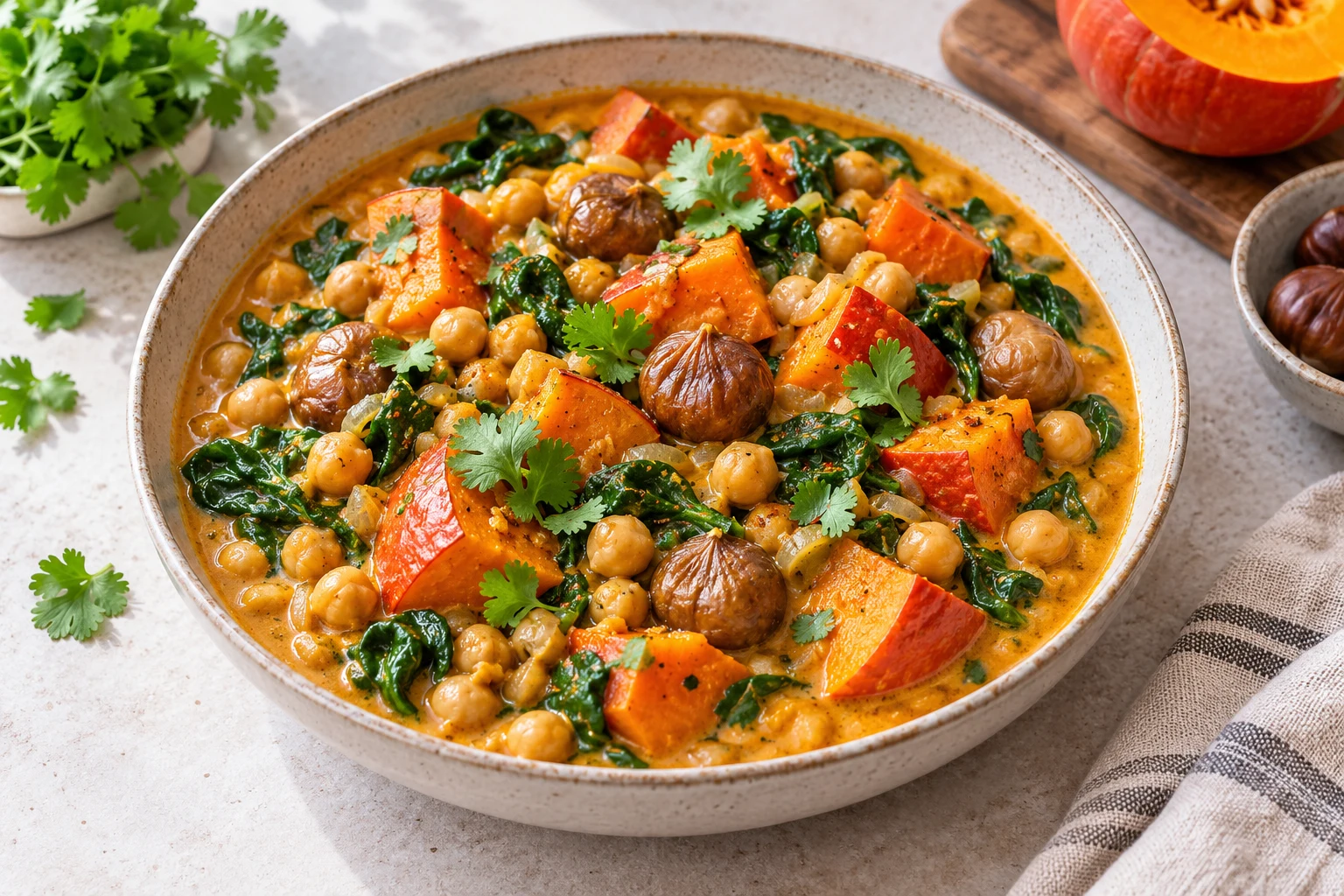 Curry de potimarron, pois chiches, châtaignes et épinards