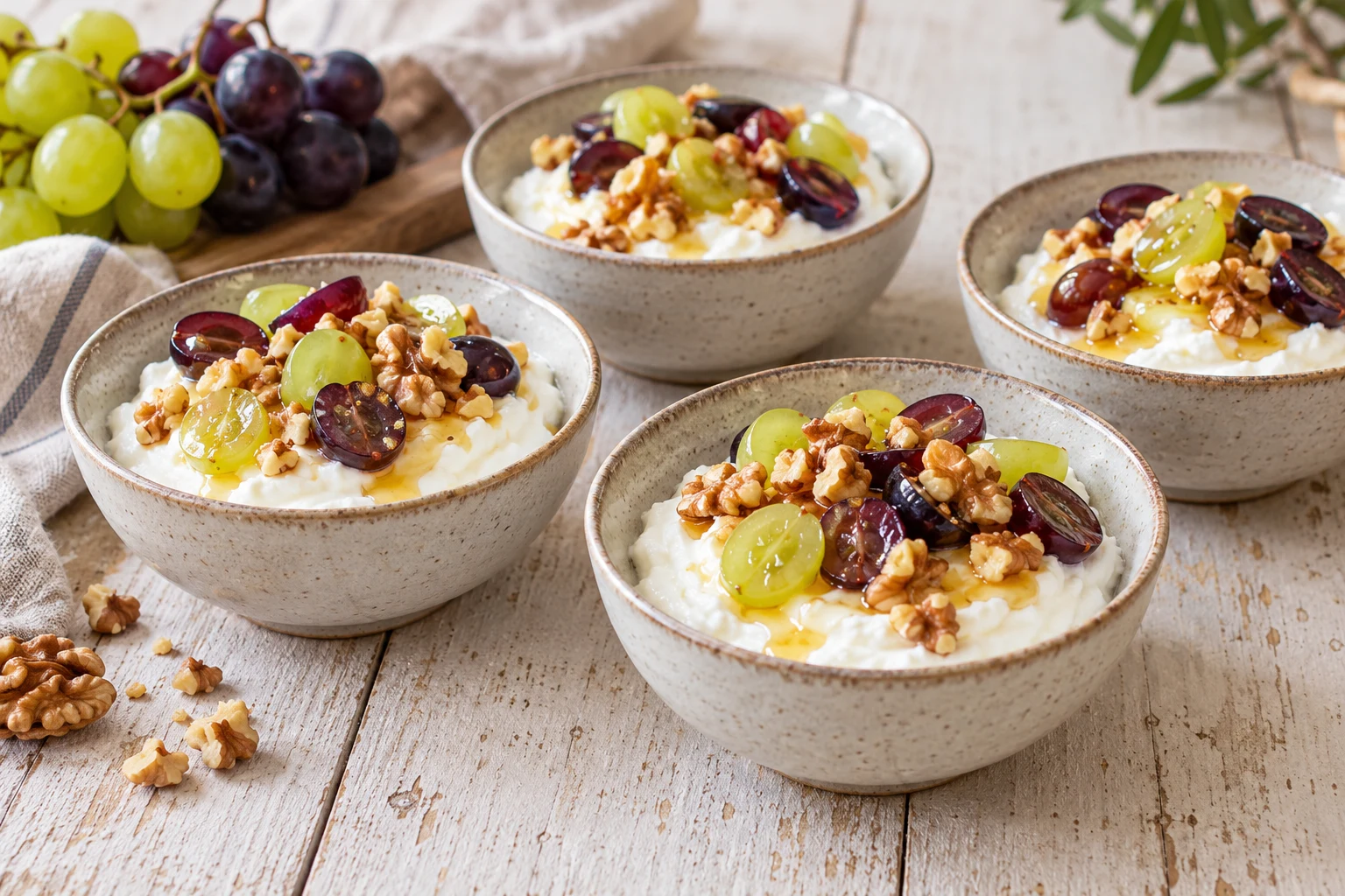 Fromage blanc au raisin frais, miel et noix
