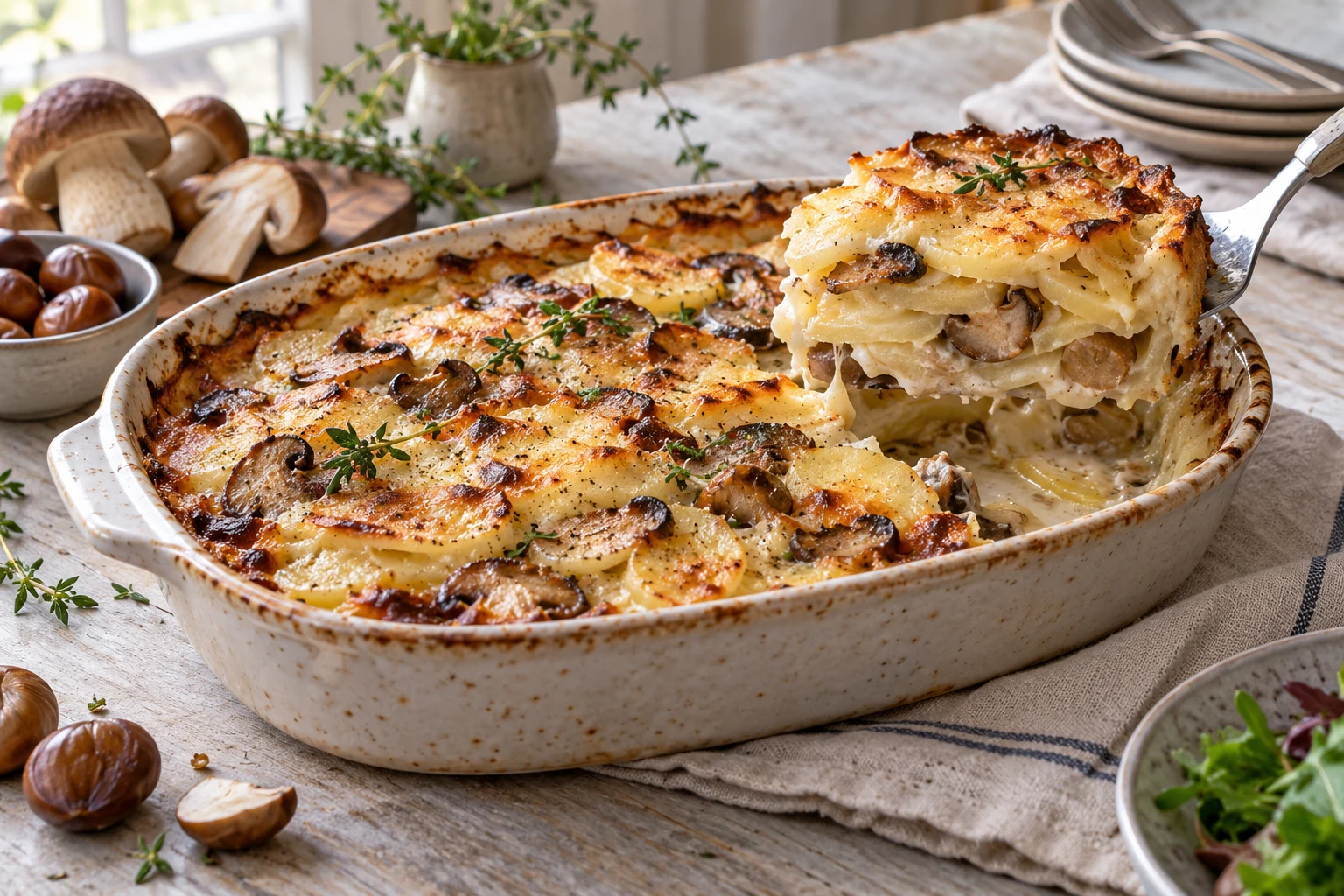 Gratin de pommes de terre, cèpes et châtaignes