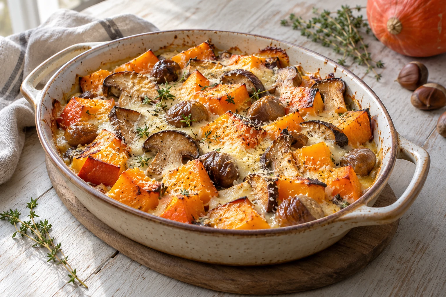 Gratin de potimarron, cèpes et châtaignes