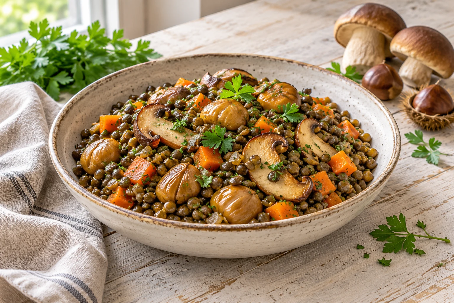 Lentilles aux cèpes et châtaignes