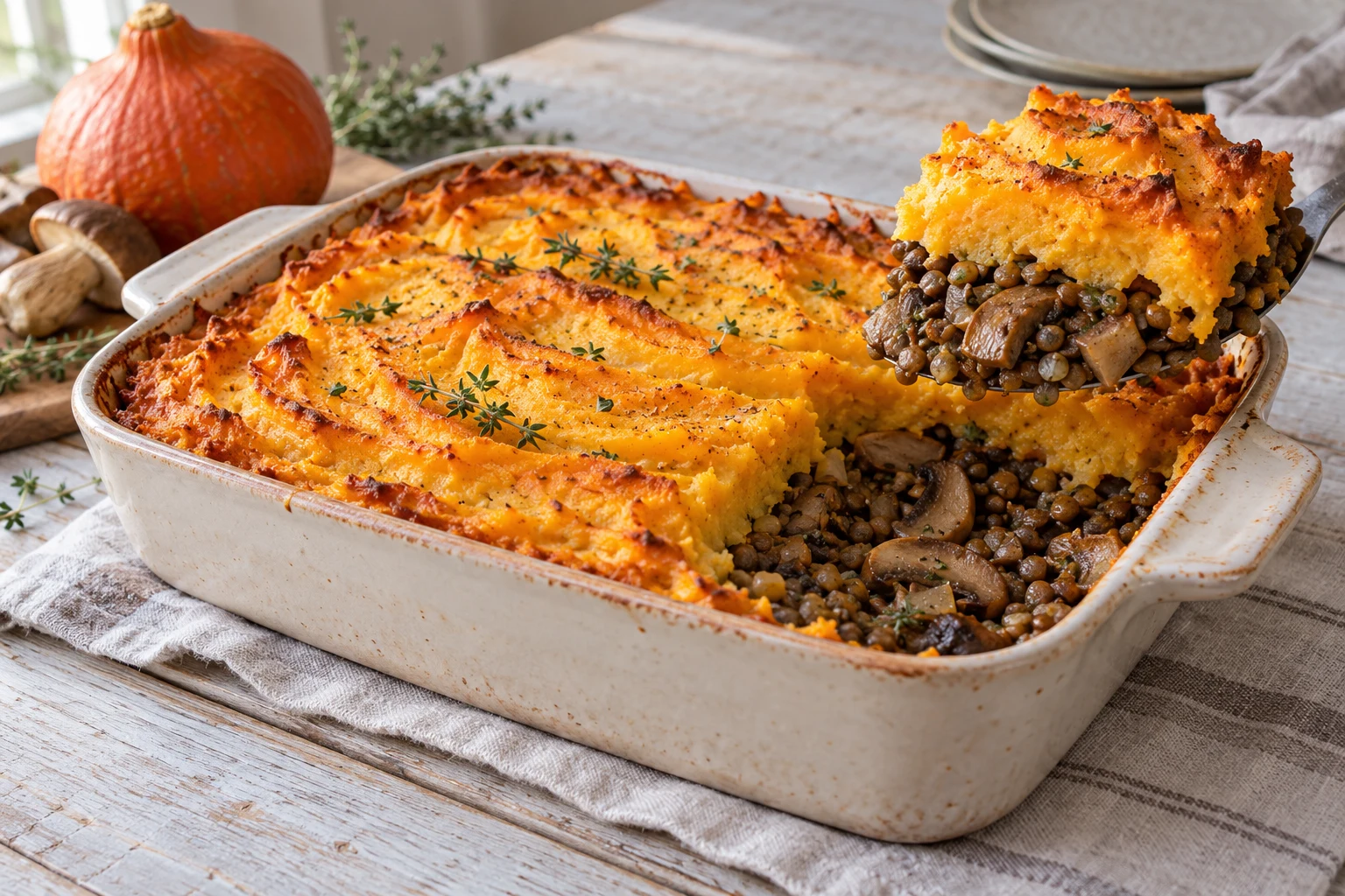 Parmentier de potimarron aux cèpes et lentilles