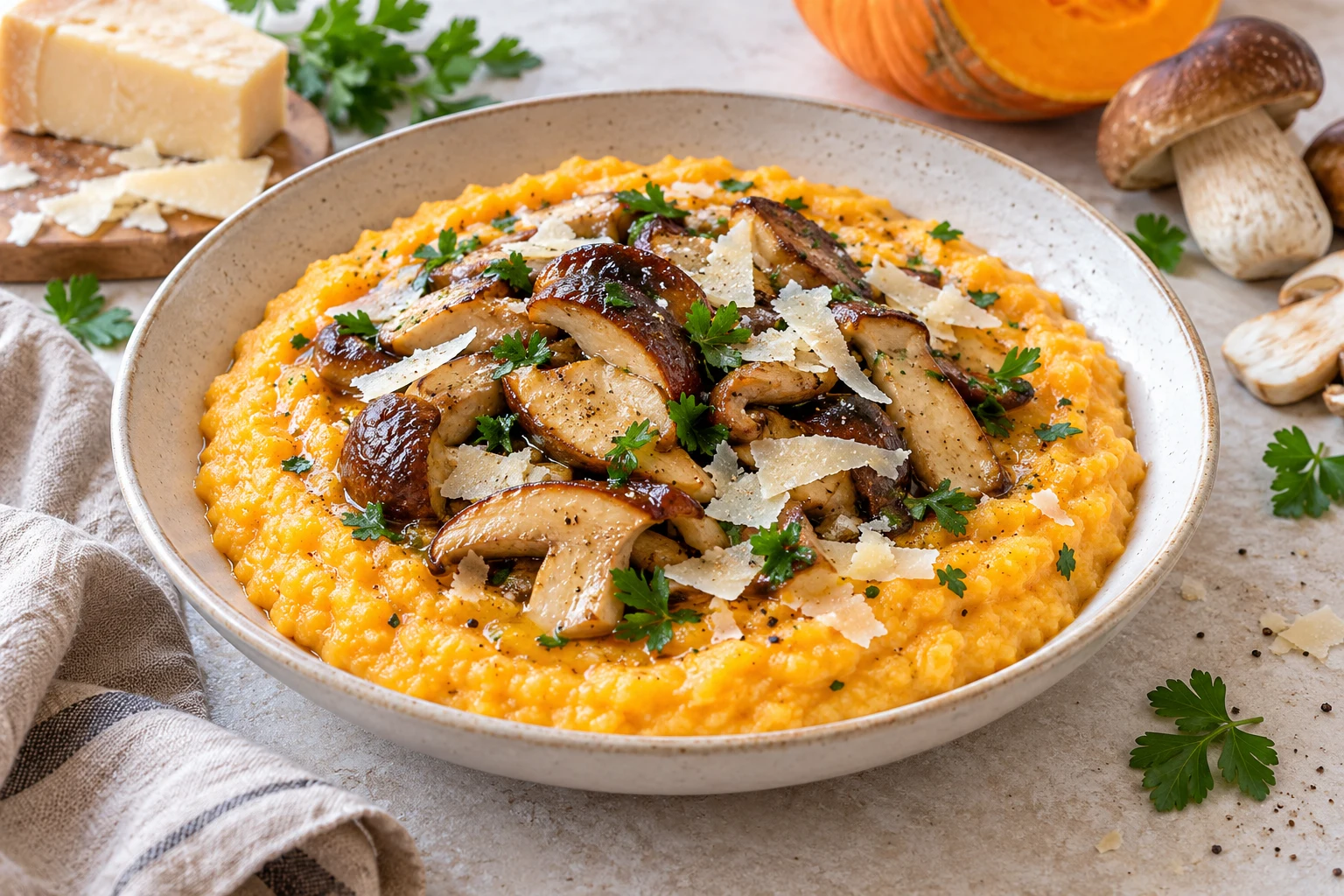 Polenta crémeuse au potimarron et aux cèpes