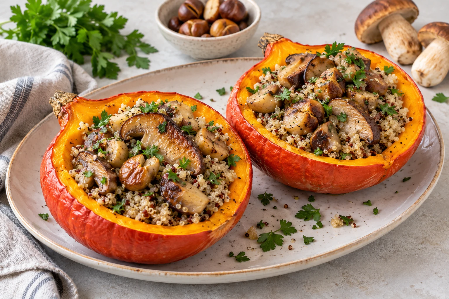 Potimarron farci au quinoa, cèpes et châtaignes
