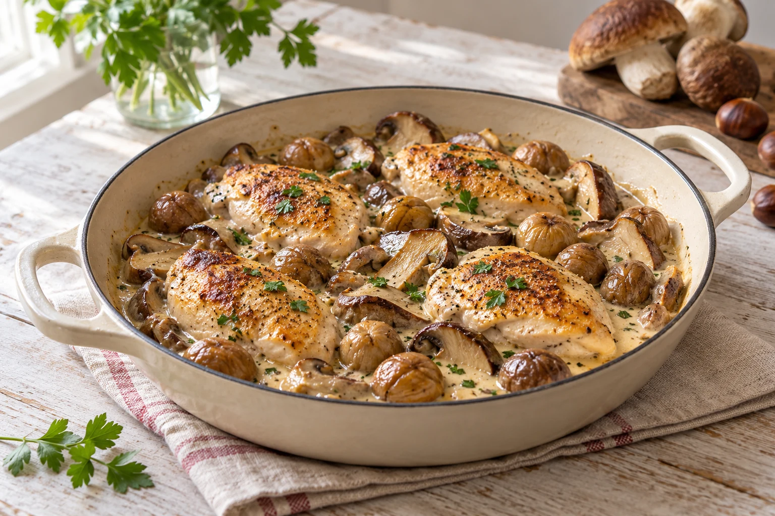 Poulet aux cèpes et châtaignes