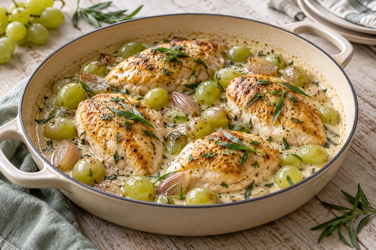 Poulet au raisin frais et à l’estragon