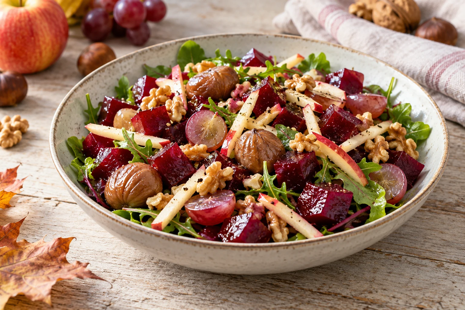 Salade de betterave, châtaignes, pomme et raisin