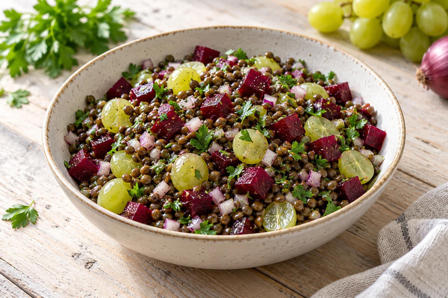 Salade de betterave, lentilles et raisin frais