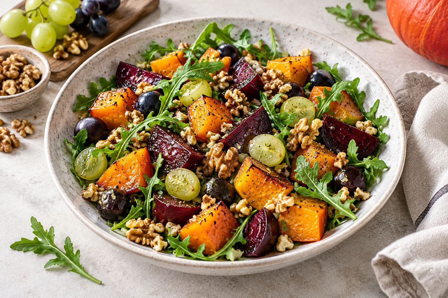 Salade tiède de potimarron, betterave et raisin