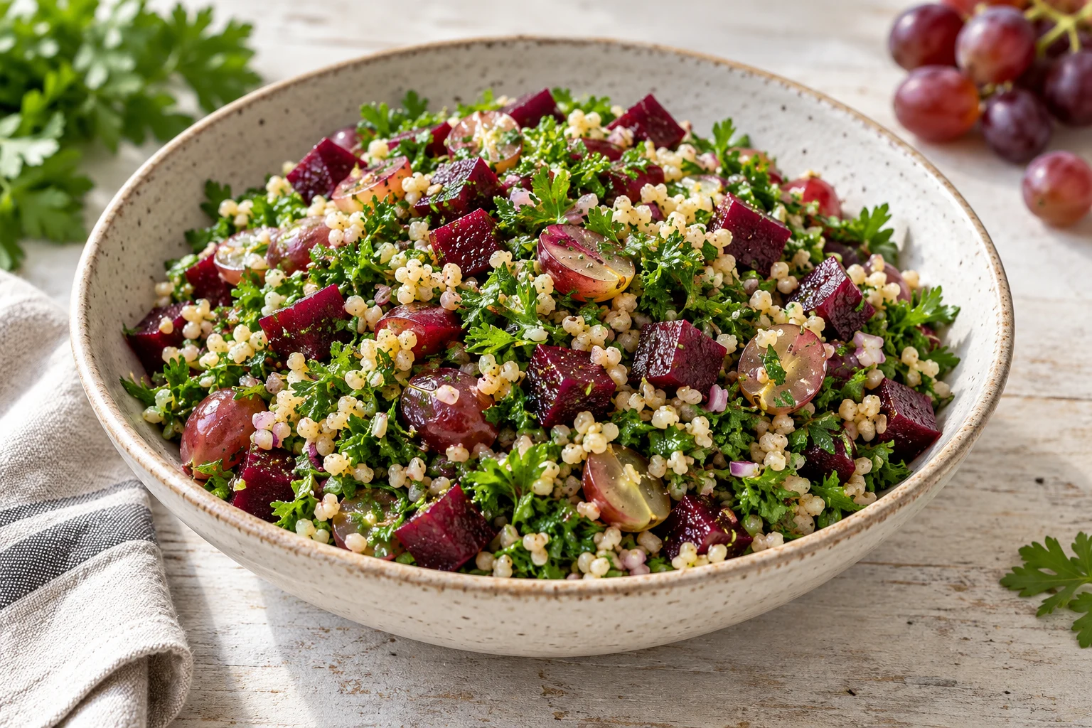 Taboulé de boulgour, betterave et raisin frais