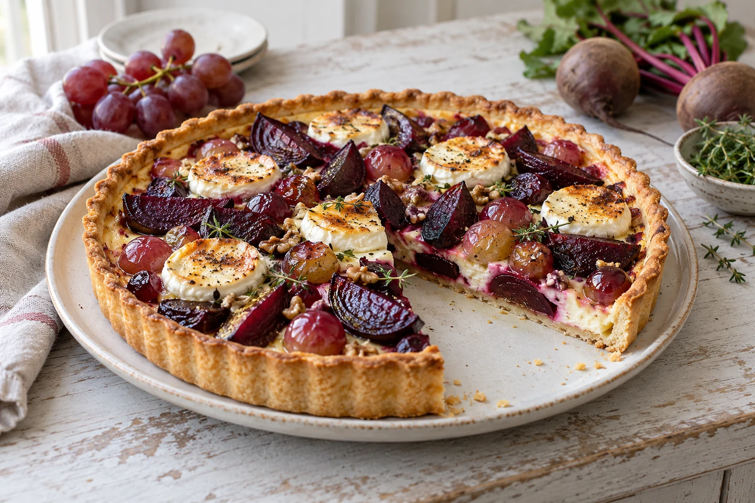 Tarte à la betterave, chèvre et raisin frais