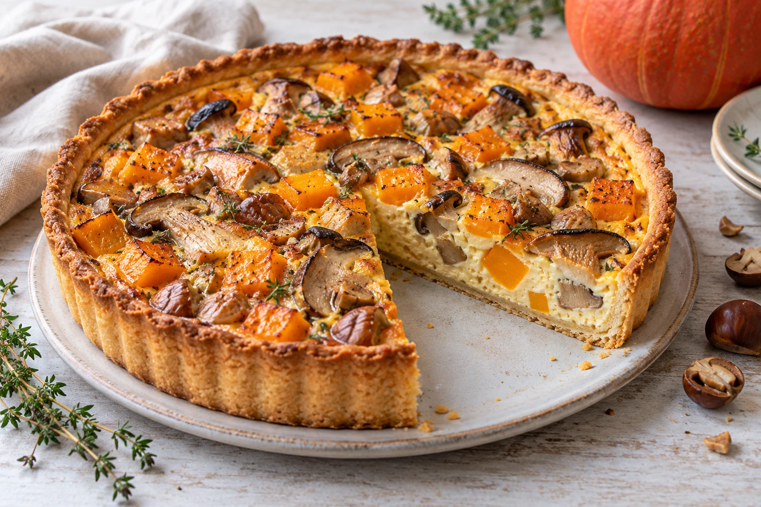 Tarte au potimarron, cèpes et châtaignes