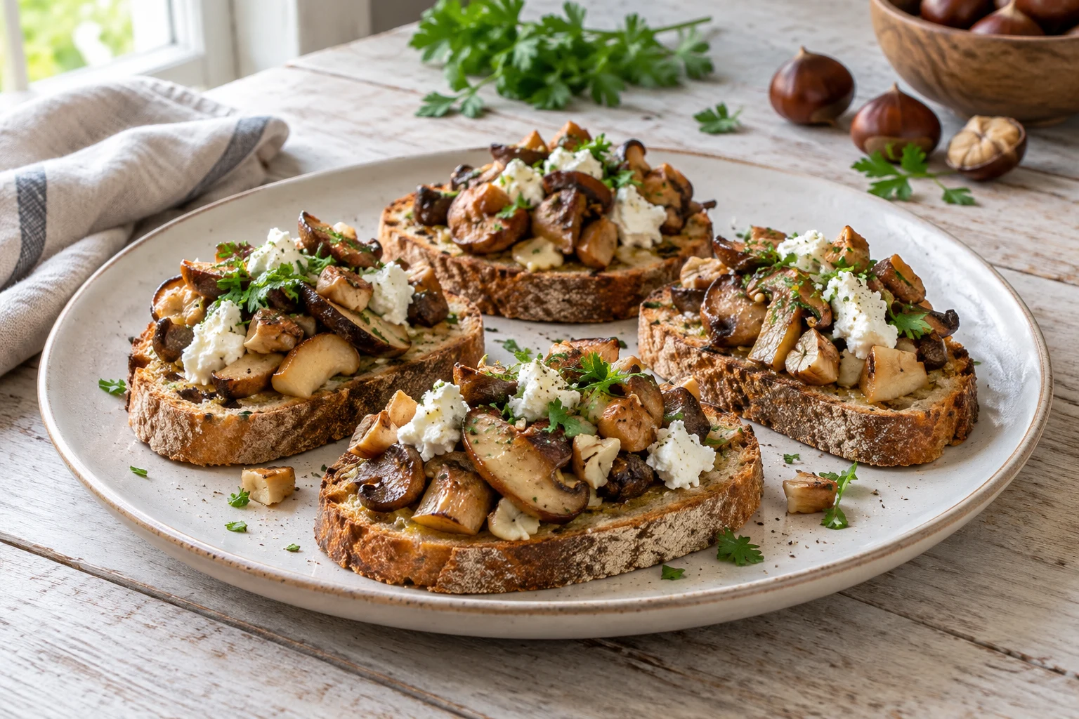 Tartines aux cèpes, châtaignes et chèvre frais