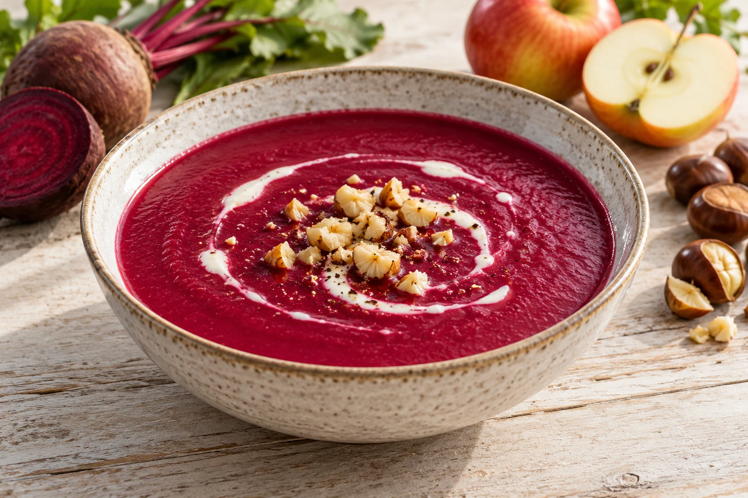 Velouté de betterave, pomme et châtaignes