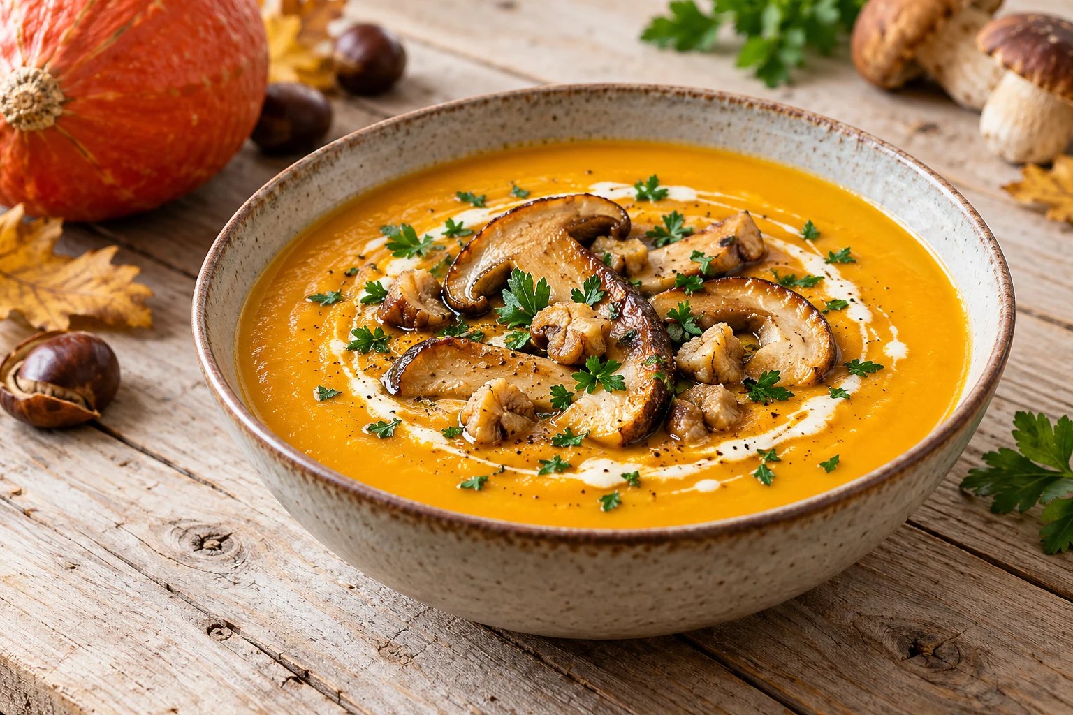 Velouté de potimarron, cèpes et châtaignes