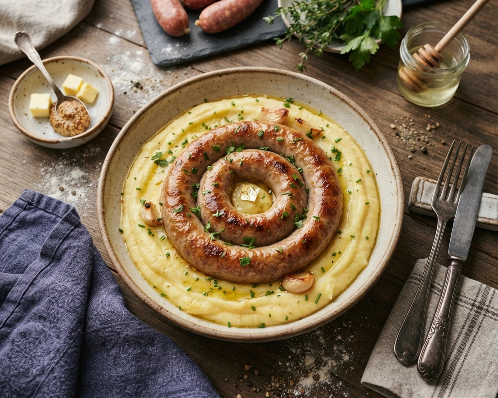 Saucisse de Toulouse et purée maison présenté dans son plat de service, avec sa texture et sa garniture visibles
