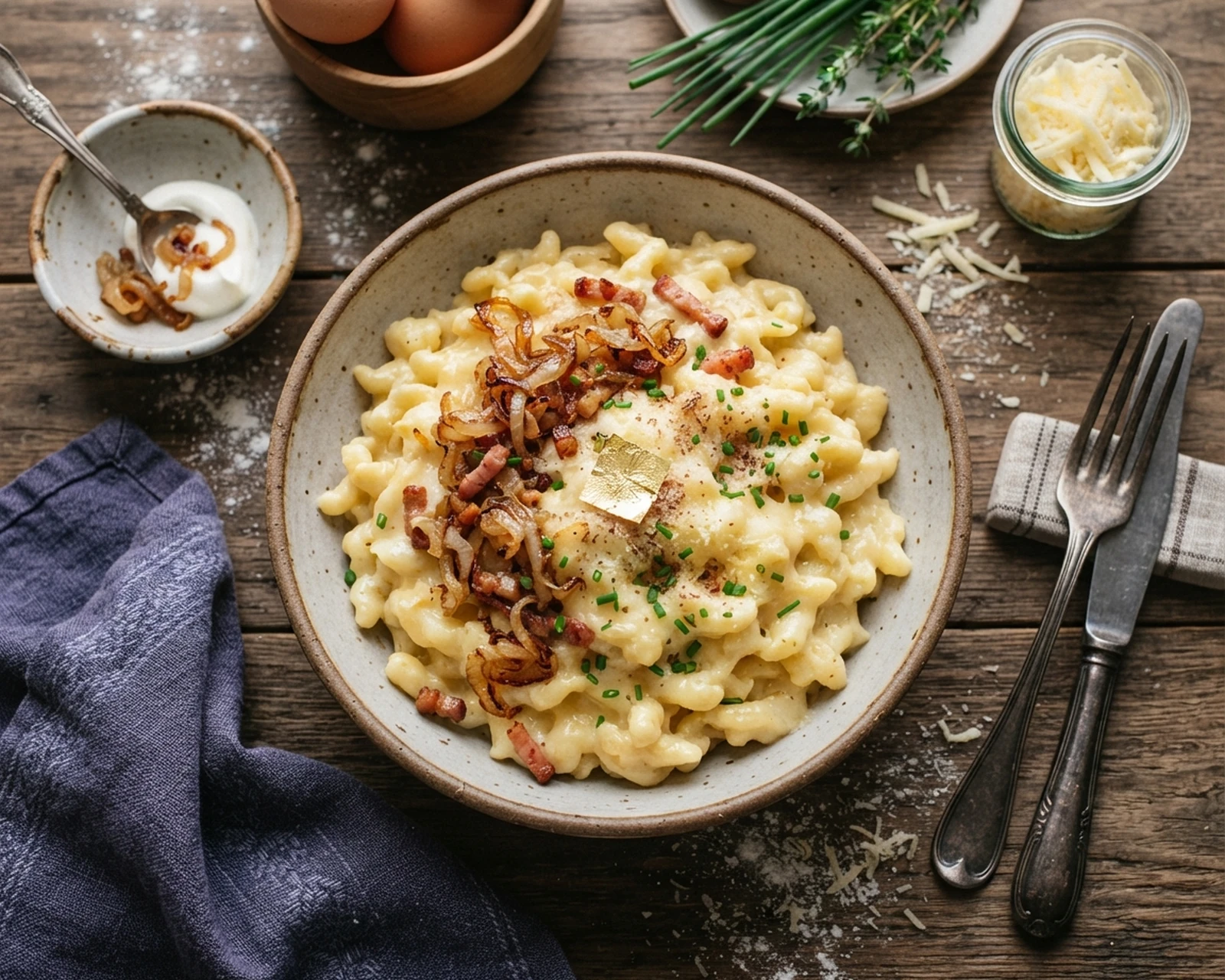 Spaetzle à la crème présenté dans un plat de service, avec la texture et la garniture visibles