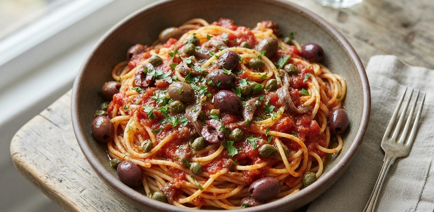 Spaghettis à la tomate, olives et câpres
