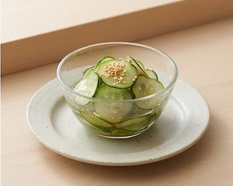Petite assiette de rondelles de concombre sunomono finement coupées avec des graines de sésame