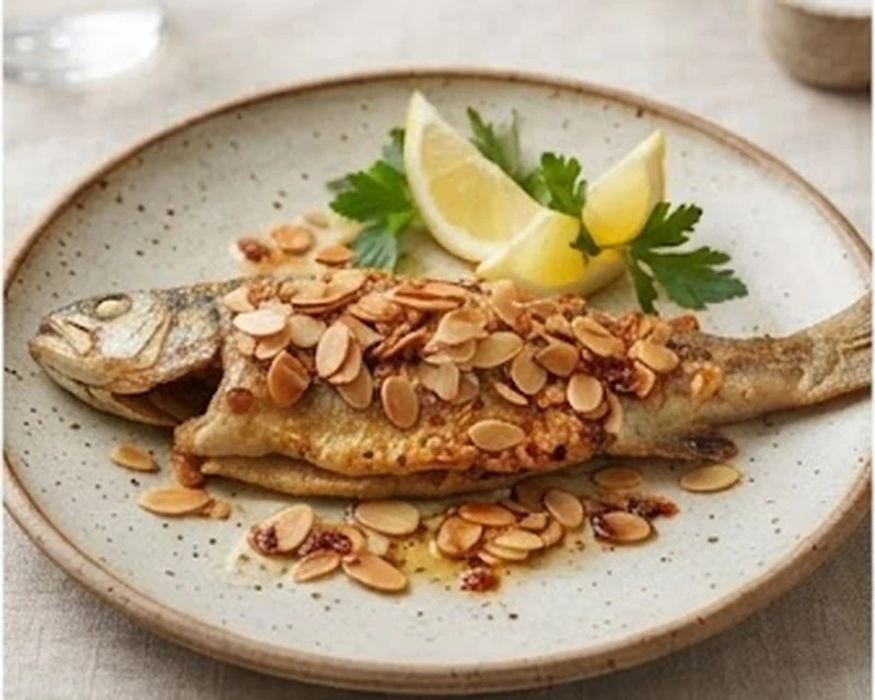 Truite aux amandes présenté dans son plat de service, avec sa texture et sa garniture visibles
