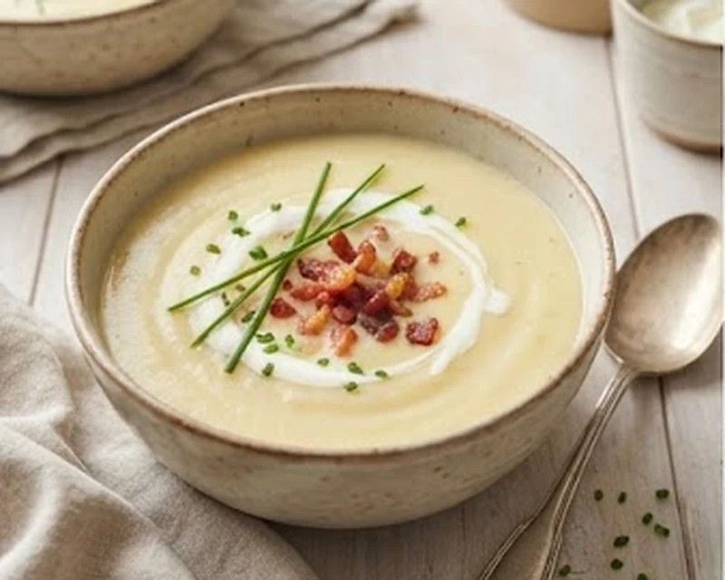 Velouté parmentier présenté dans son plat de service, avec sa texture et sa garniture visibles
