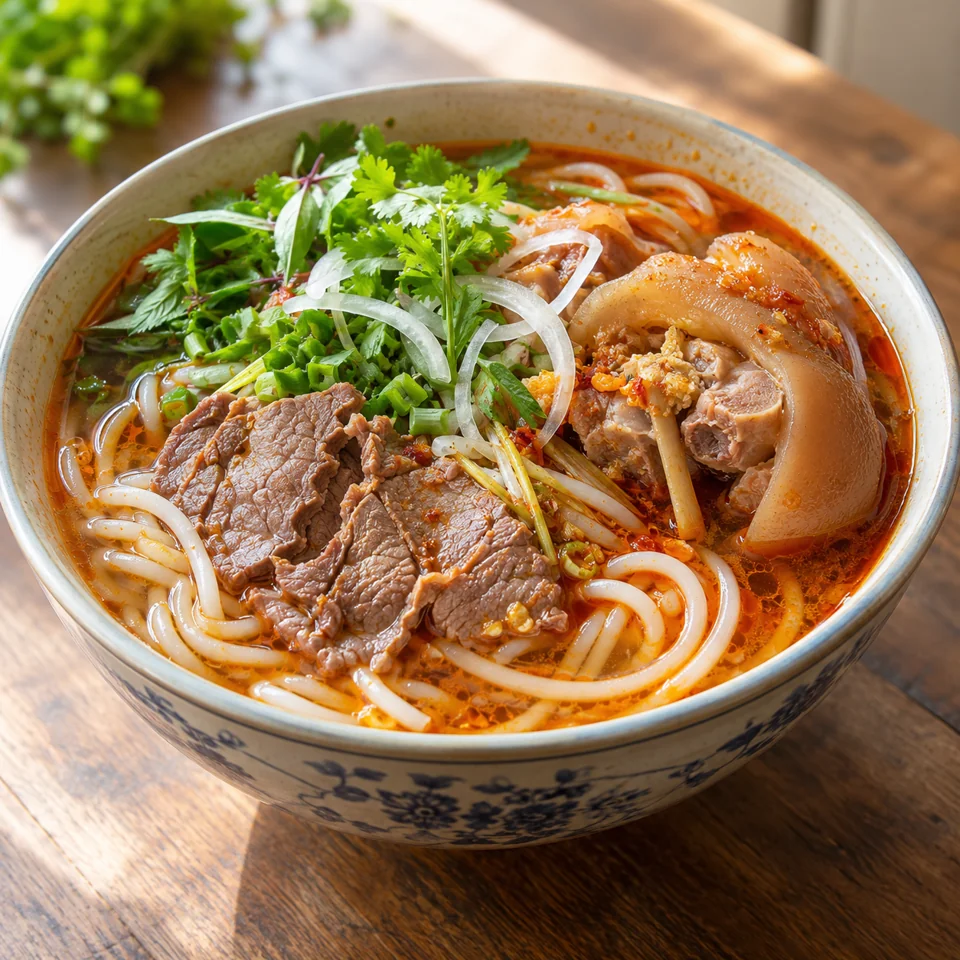 Soupe de nouilles de Hué au bœuf et au porc