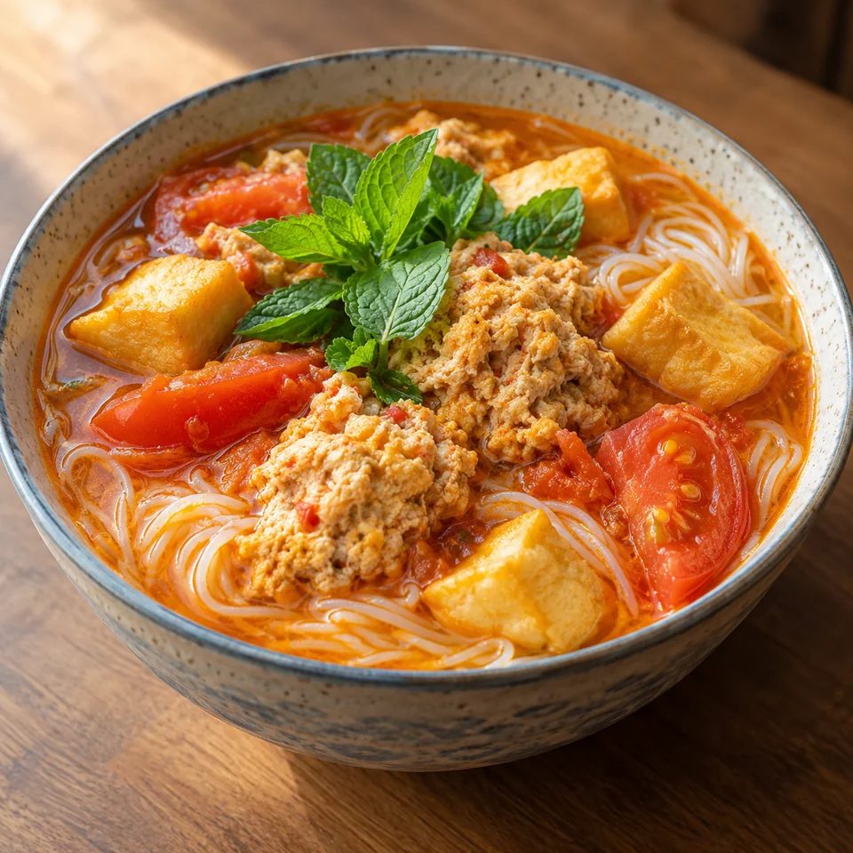 Soupe de nouilles au crabe, à la tomate et au tofu
