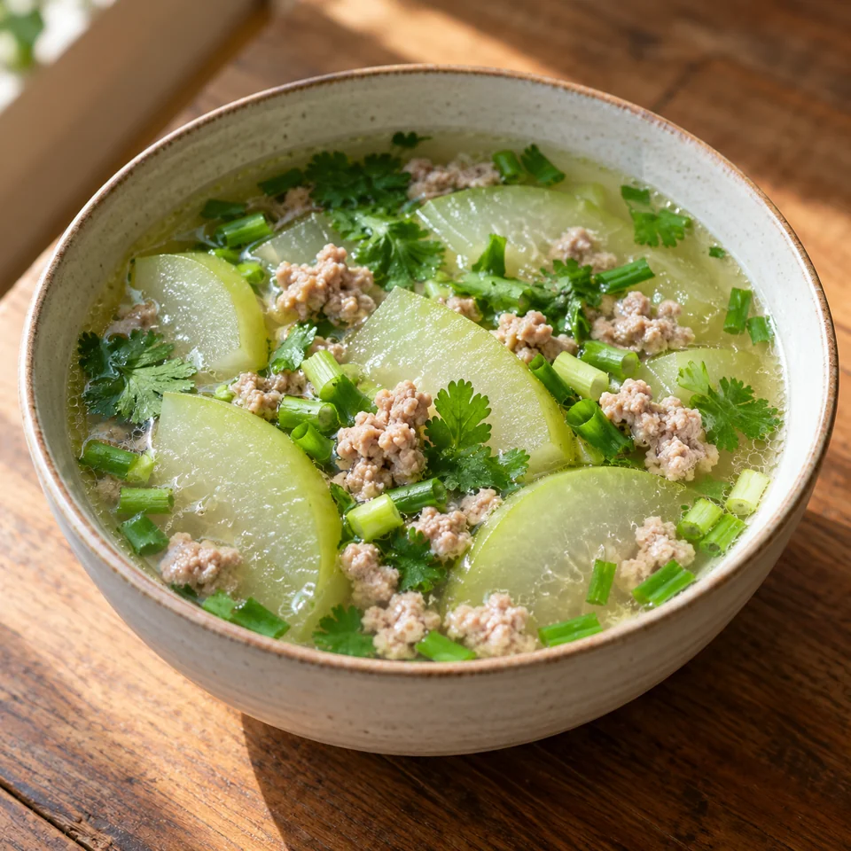 Soupe de courge cireuse au porc haché