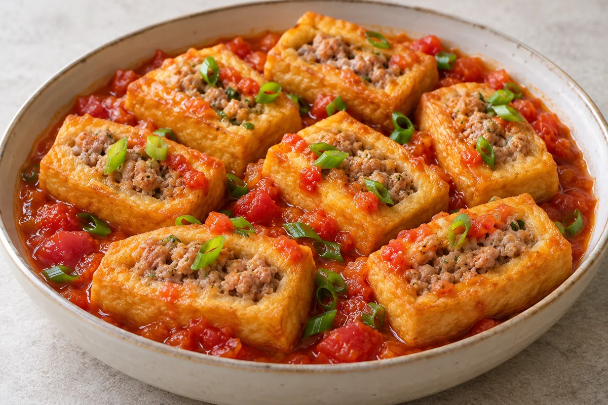 Tofu farci au porc et mijoté à la tomate