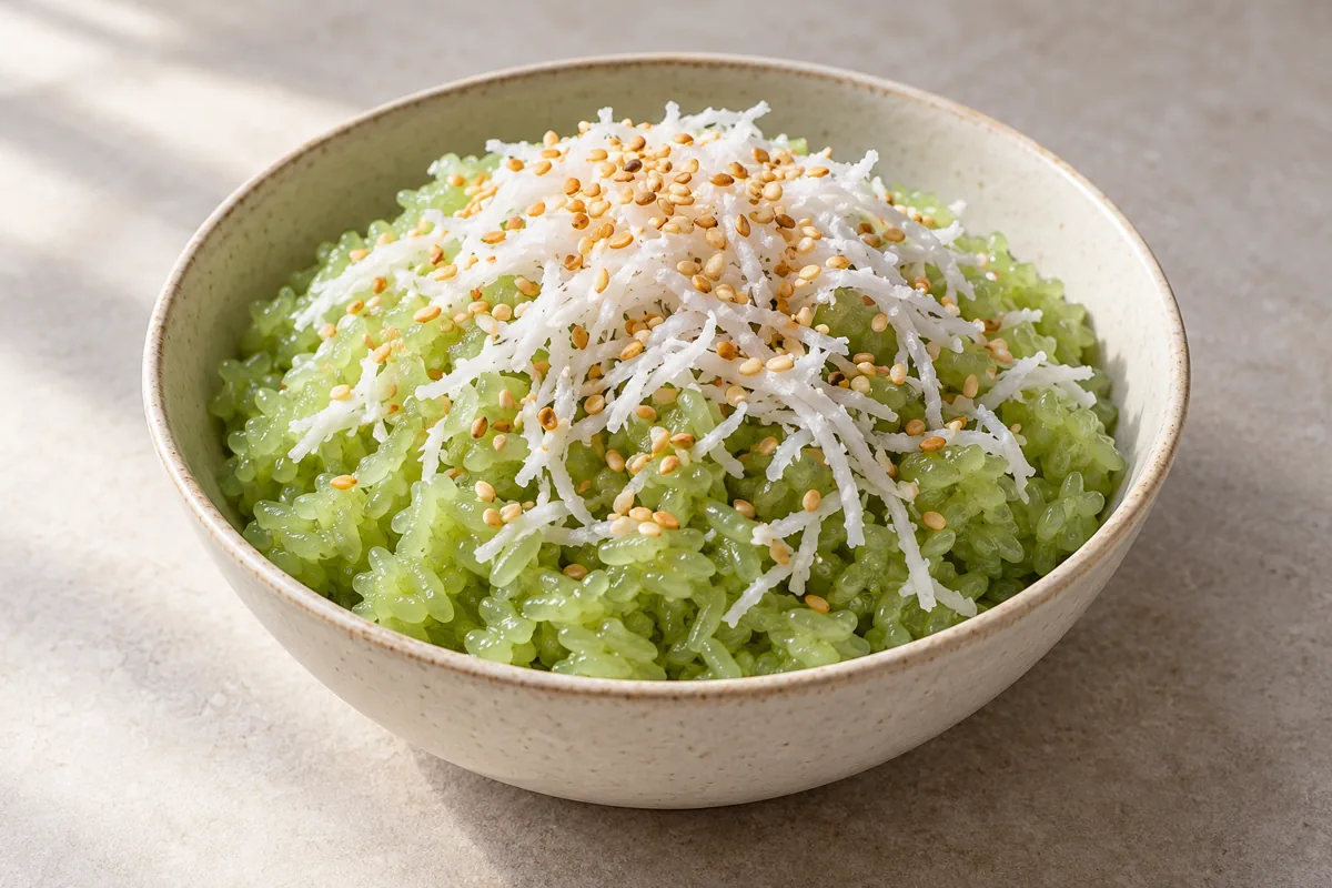 Riz gluant au pandan, coco et sésame
