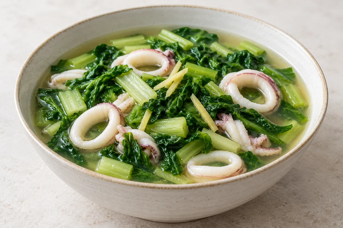 Soupe de feuilles de moutarde aux calamars