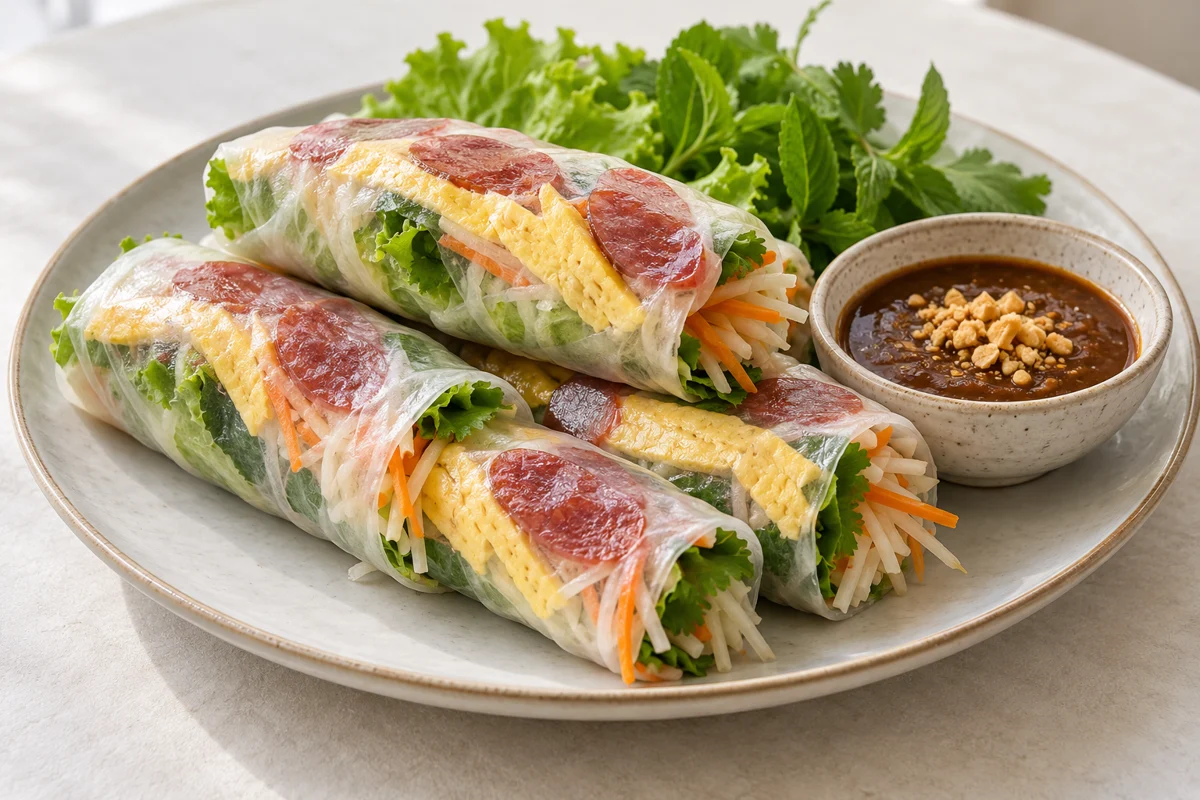 Rouleaux au jicama, à la saucisse et à l’omelette