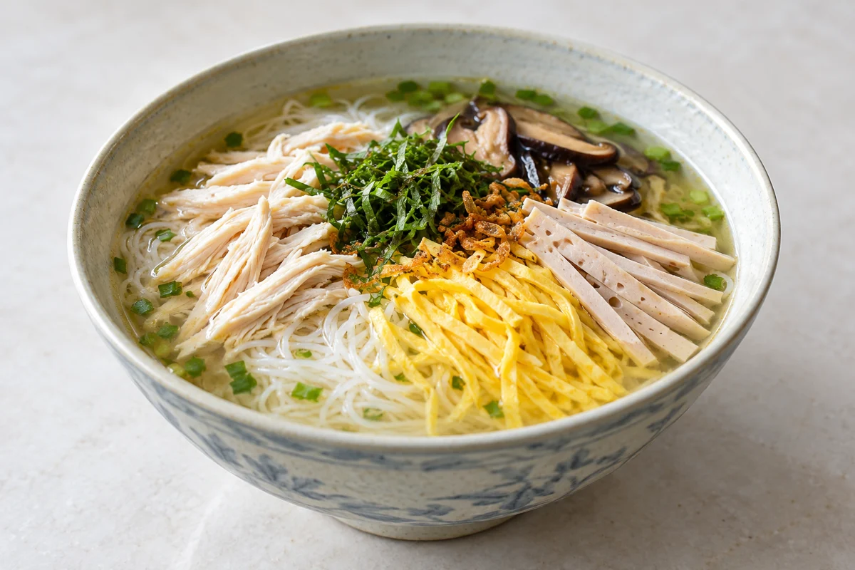 Vermicelles au poulet, à l’omelette et au chả lụa