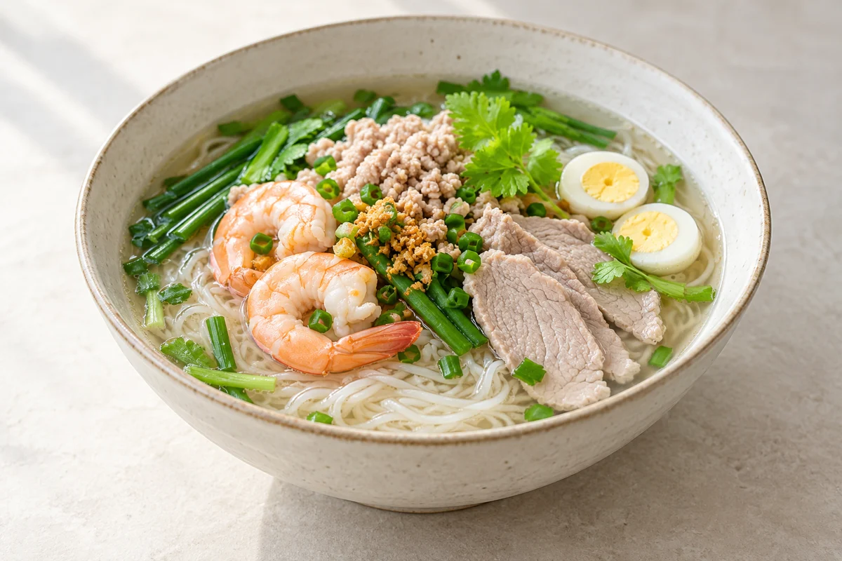 Soupe hủ tiếu au porc et aux crevettes