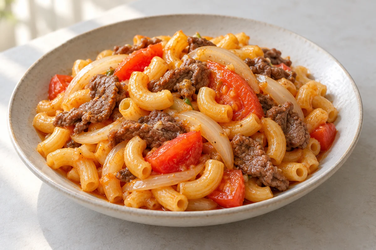 Macaronis vietnamiens sautés au bœuf et à la tomate